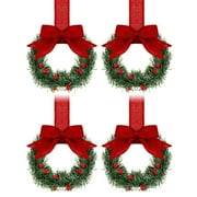 LONPUN 4-pack Christmas Cabinet Wreaths With Ribbon Bow And With Red Berry Pine, Mini Wreaths for Kitchen Cabinets, Small Christmas Wreaths for Door Kitchen Cabinets Window Fireplaces Decor G7X7